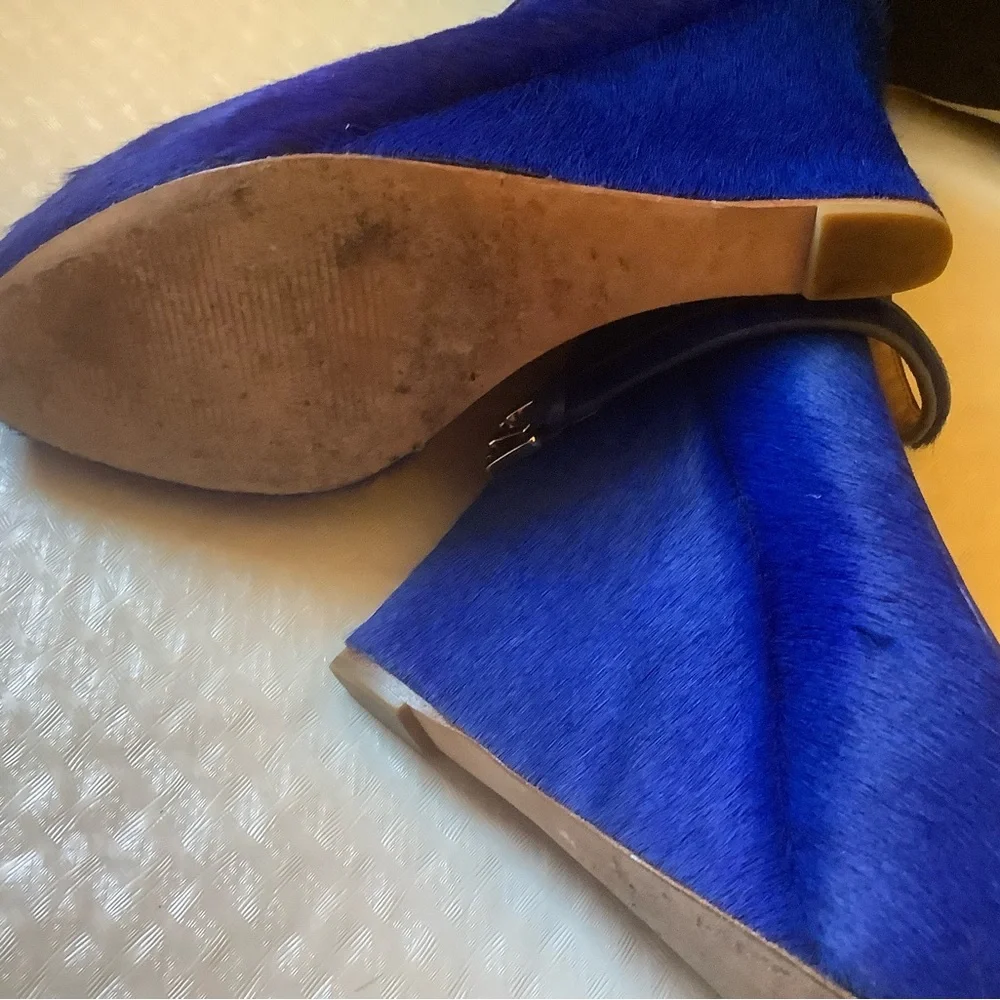 Ann Taylor cobalt blue-platform calf hair wedge heels with ankle buckle strap 7